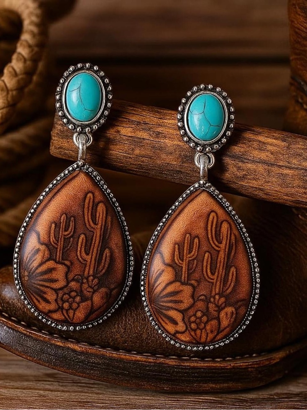Anthropologie Turquoise & Brown Western Teardrop Leather Earrings